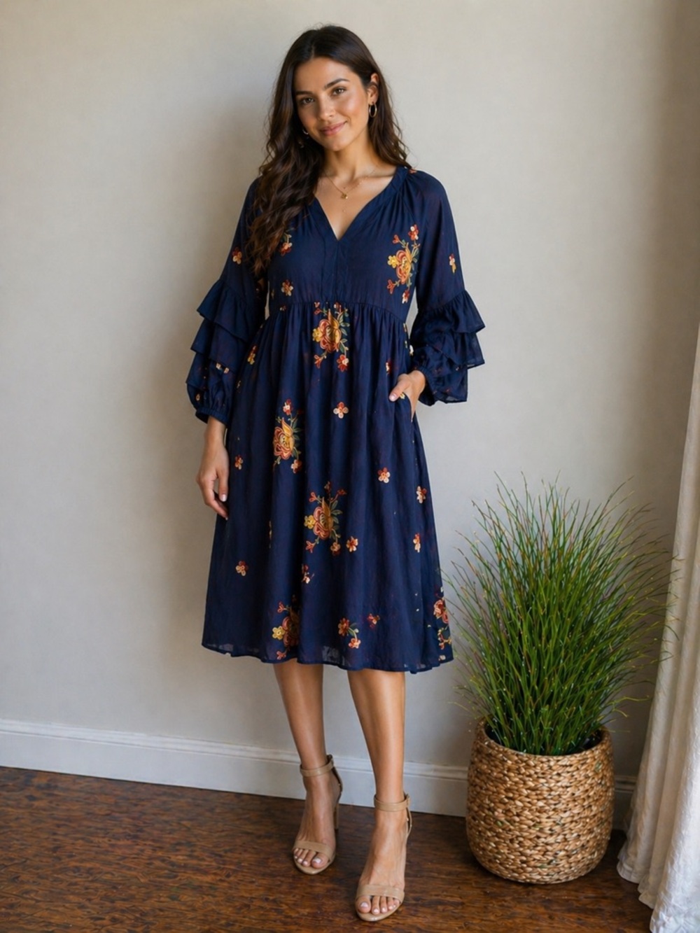 fig and flower Navy Floral Midi Dress with Ruffled Sleeves size M